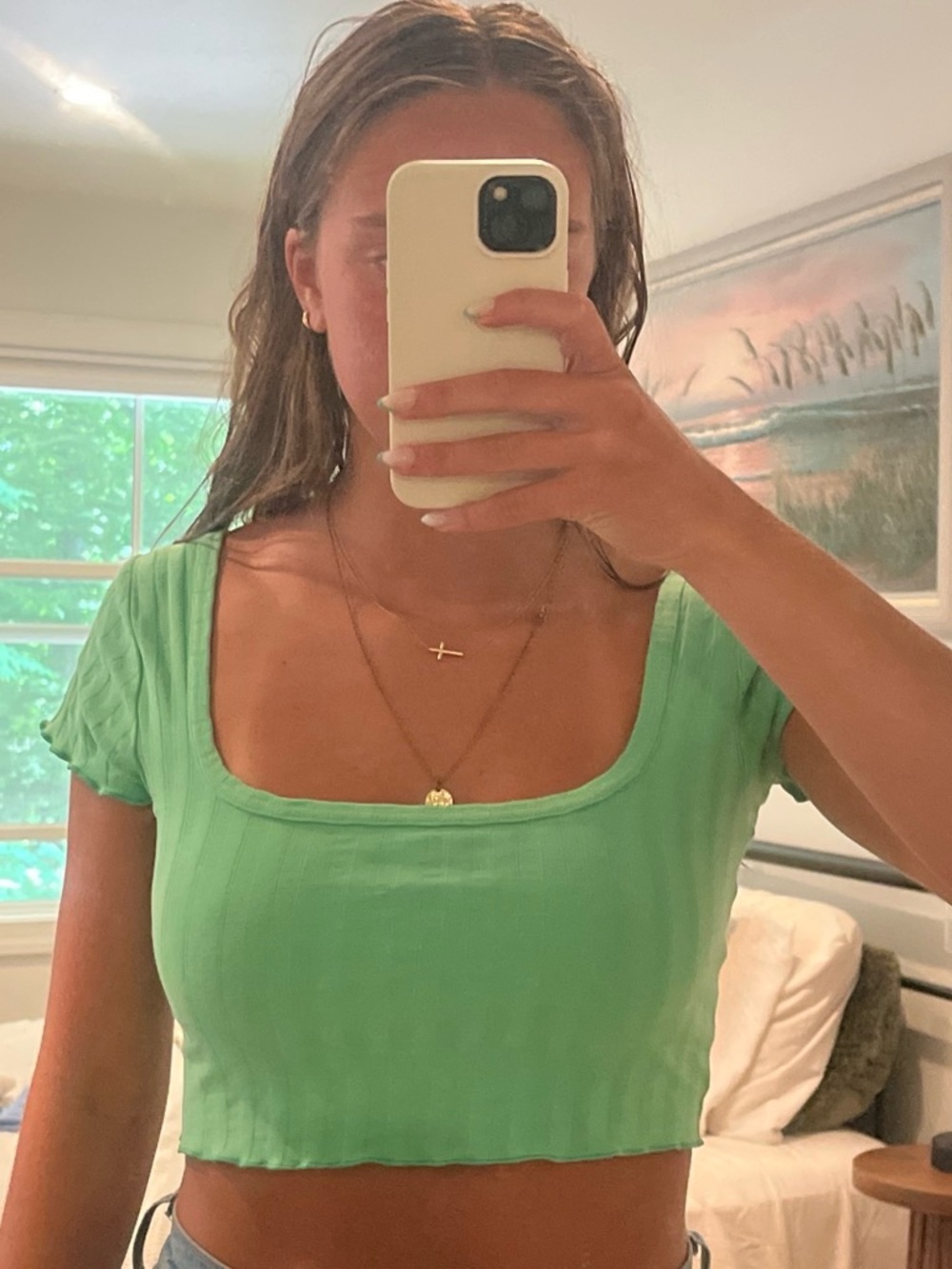 Green Square-Neck Crop Top - Women's Casual Tee